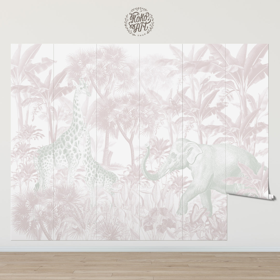 Antique African Jungle Mural Wallpaper in Pink