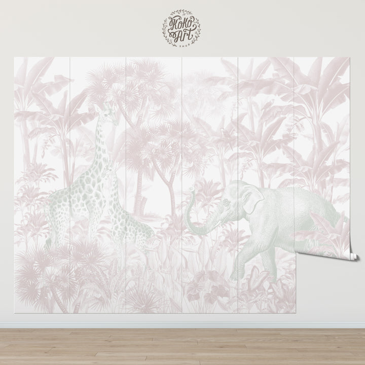 Antique African Jungle Mural Wallpaper in Pink