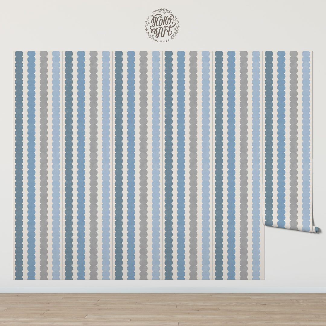 Minimal Pebble Column 4 Stripe Wallpaper – Blue, Gray and Off White