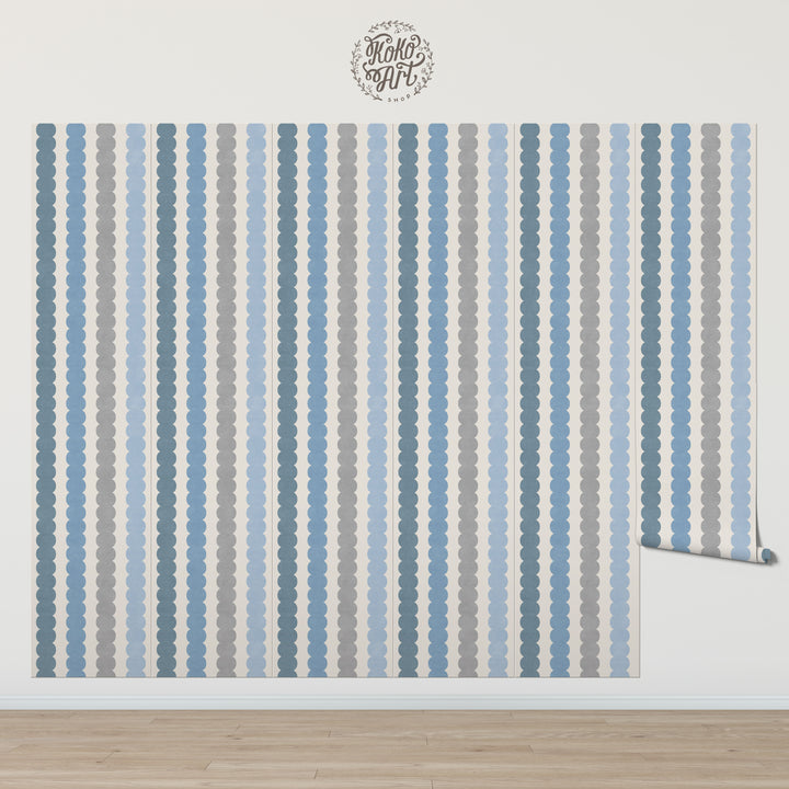 Minimal Pebble Column 4 Stripe Wallpaper – Blue, Gray and Off White