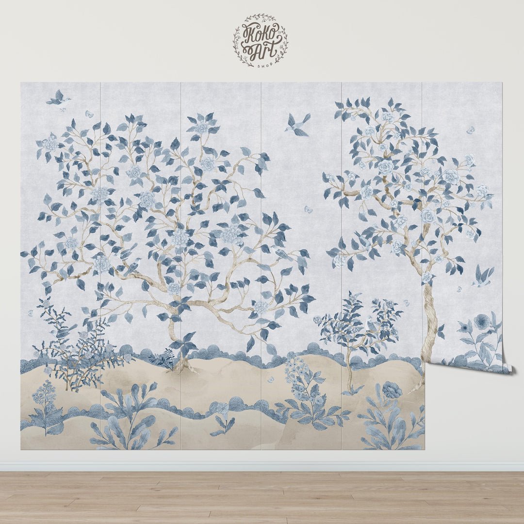 Mural Le Tariche Chinoiserie en neutro y rosa