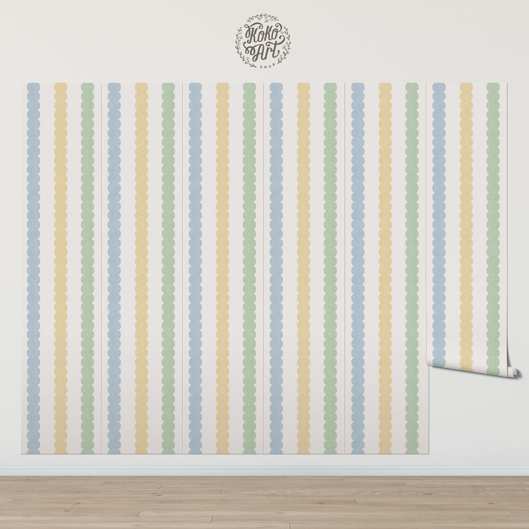 Pebble Column Stripe Wallpaper - Blue, Yellow, Green on Cream
