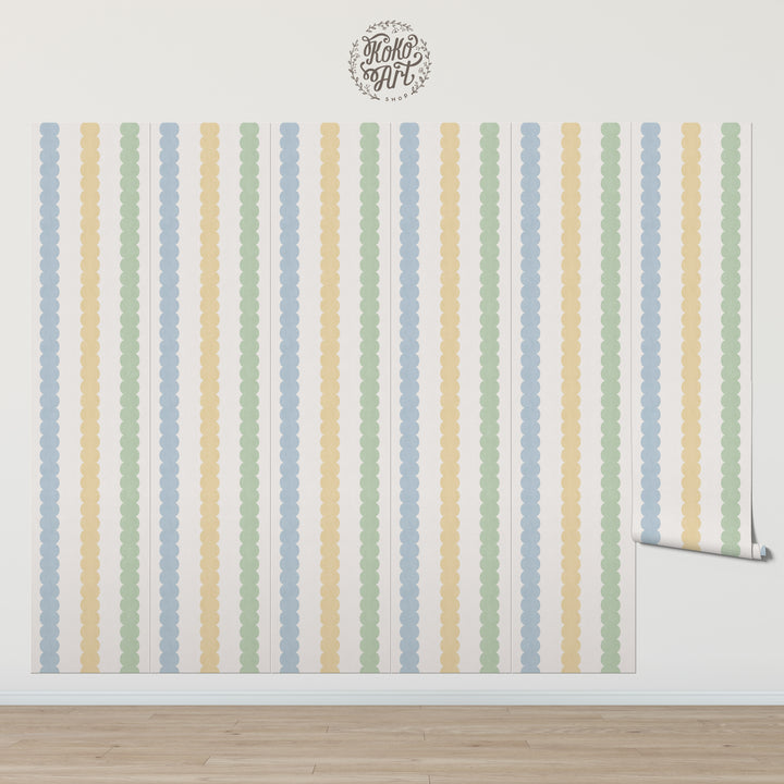 Pebble Column Stripe Wallpaper - Blue, Yellow, Green on Cream
