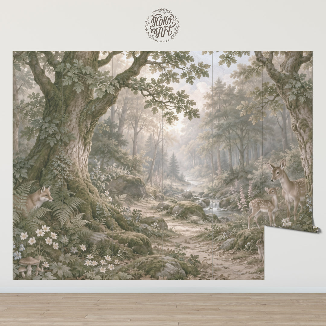 Mural de bosque de pinos brumosos