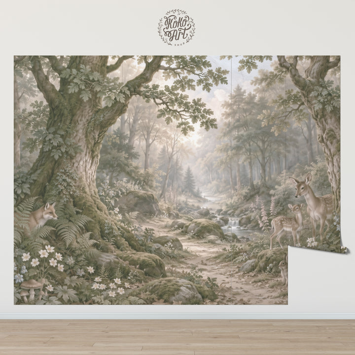 Mural de bosque de pinos brumosos