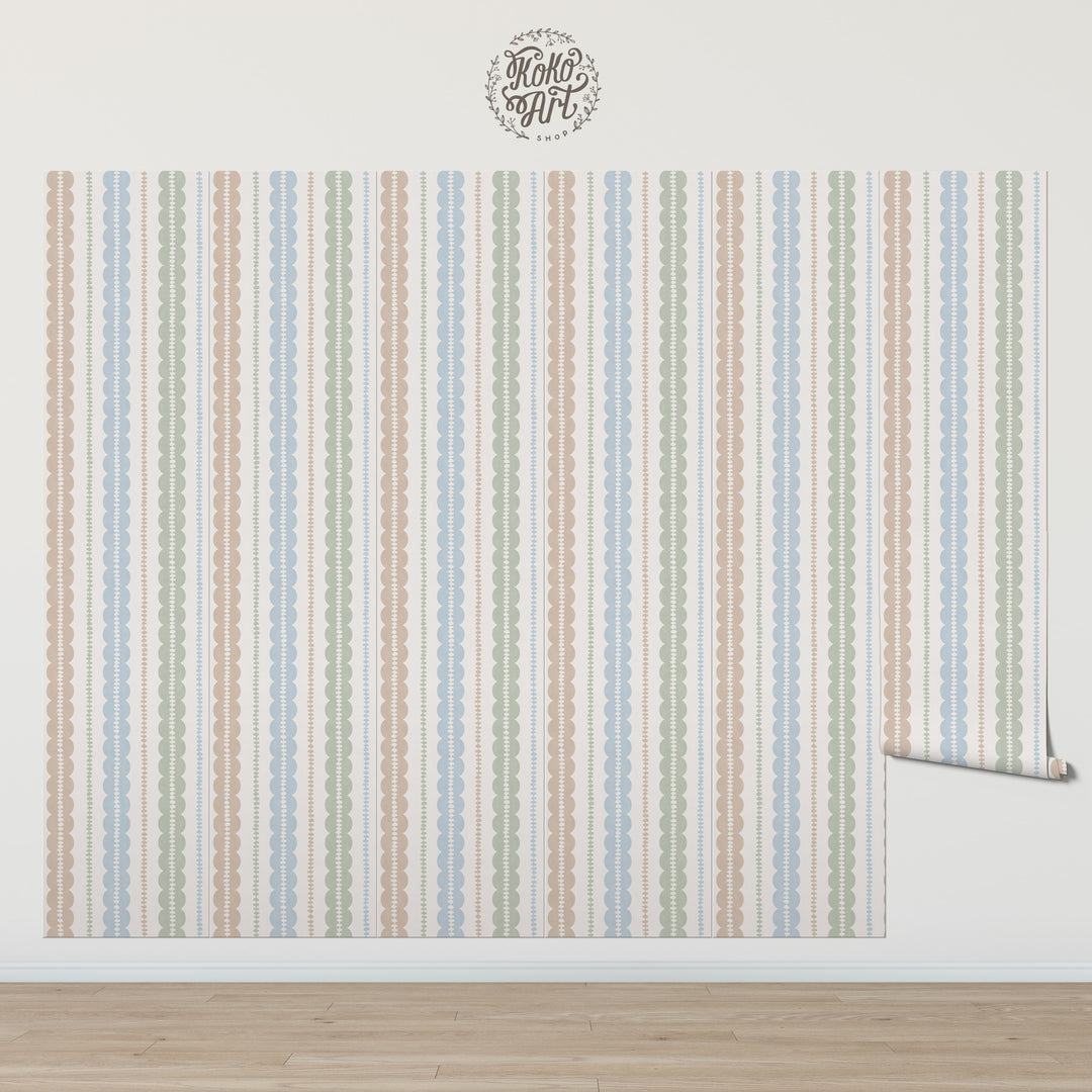 Pebble Column Stripe and Ribbon Wallpaper - Nude, Blue, Sage on Cream
