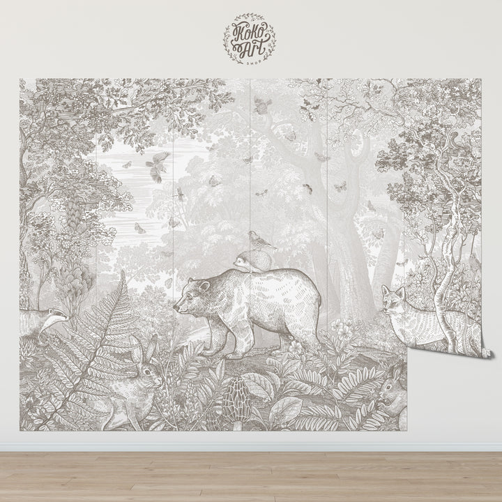 Bear and Friends Forest Mural in Taupe