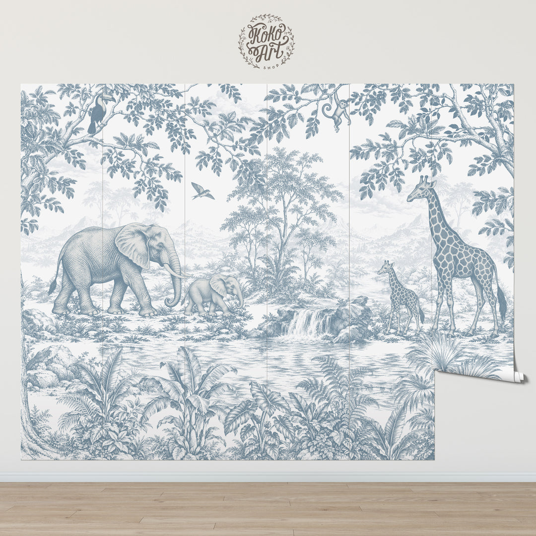 Vintage Toile Safari Wallpaper Mural in Antique Blue