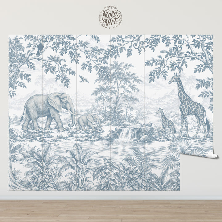 Vintage Toile Safari Wallpaper Mural in Antique Blue
