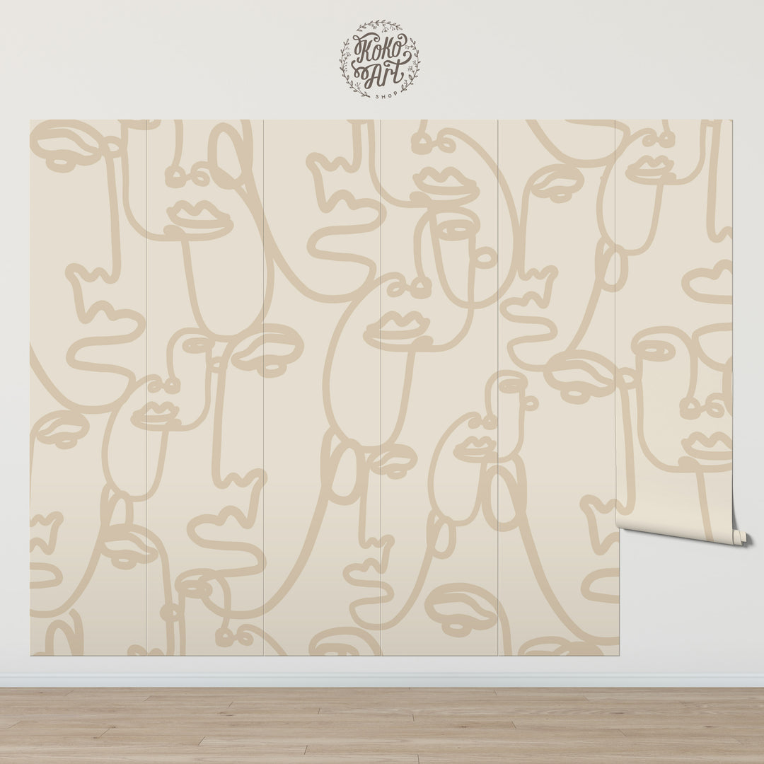 Faces Art Line Drawing in Cream Wallpaper Mural