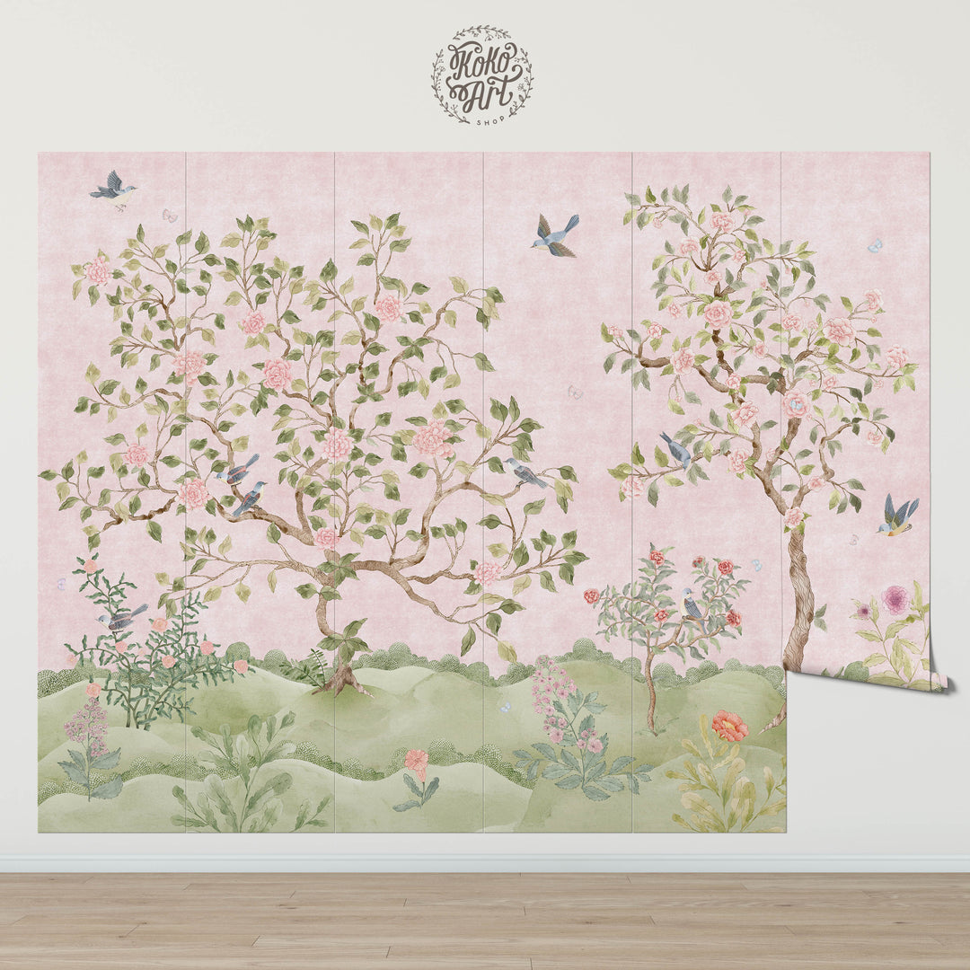 Mural Le Tariche Chinoiserie en neutro y rosa