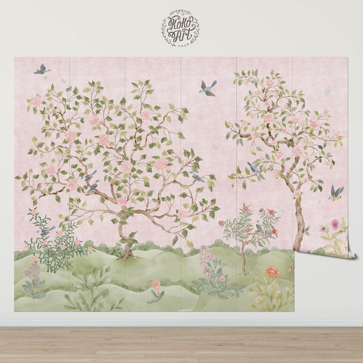 Mural Le Tariche Chinoiserie en neutro y rosa