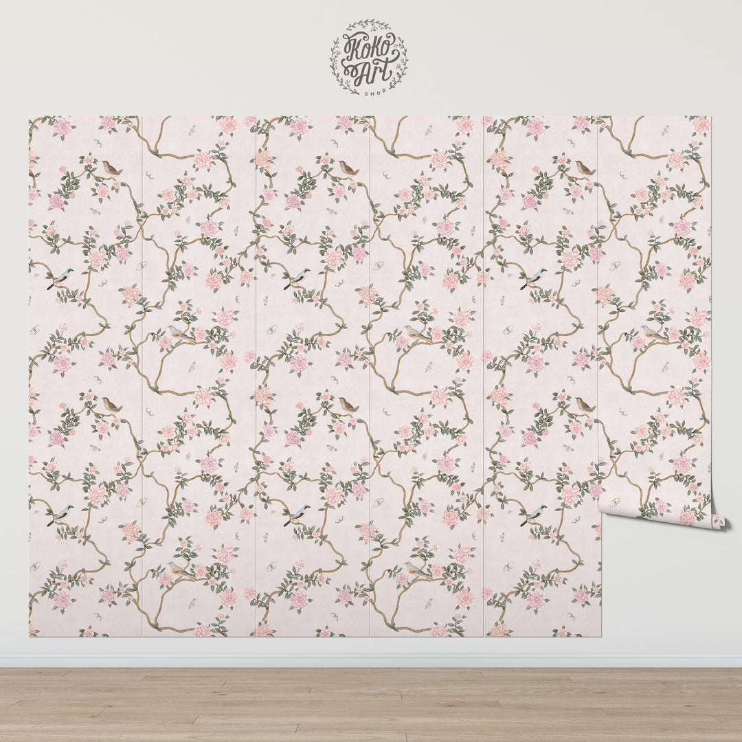 L’Atelier Botanique Chinoiserie Revival Wallpaper Mural in Pink Blush