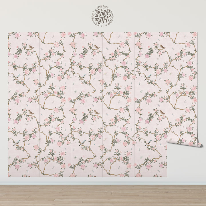 L’Atelier Botanique Chinoiserie Revival Wallpaper Mural in Pink Blush