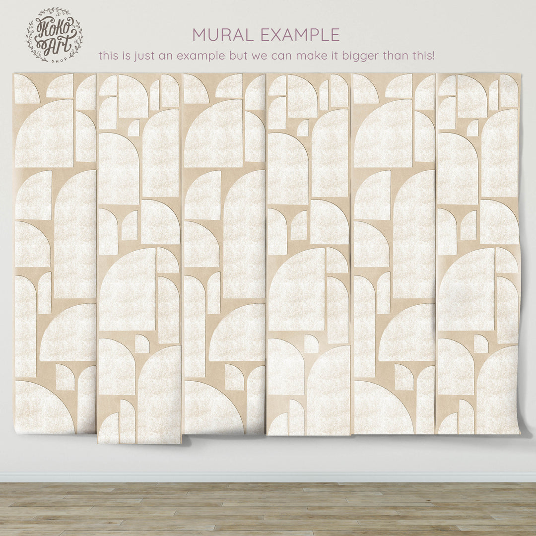 Abstract Geometric Semi Arch Shapes Mural in Neutral and White