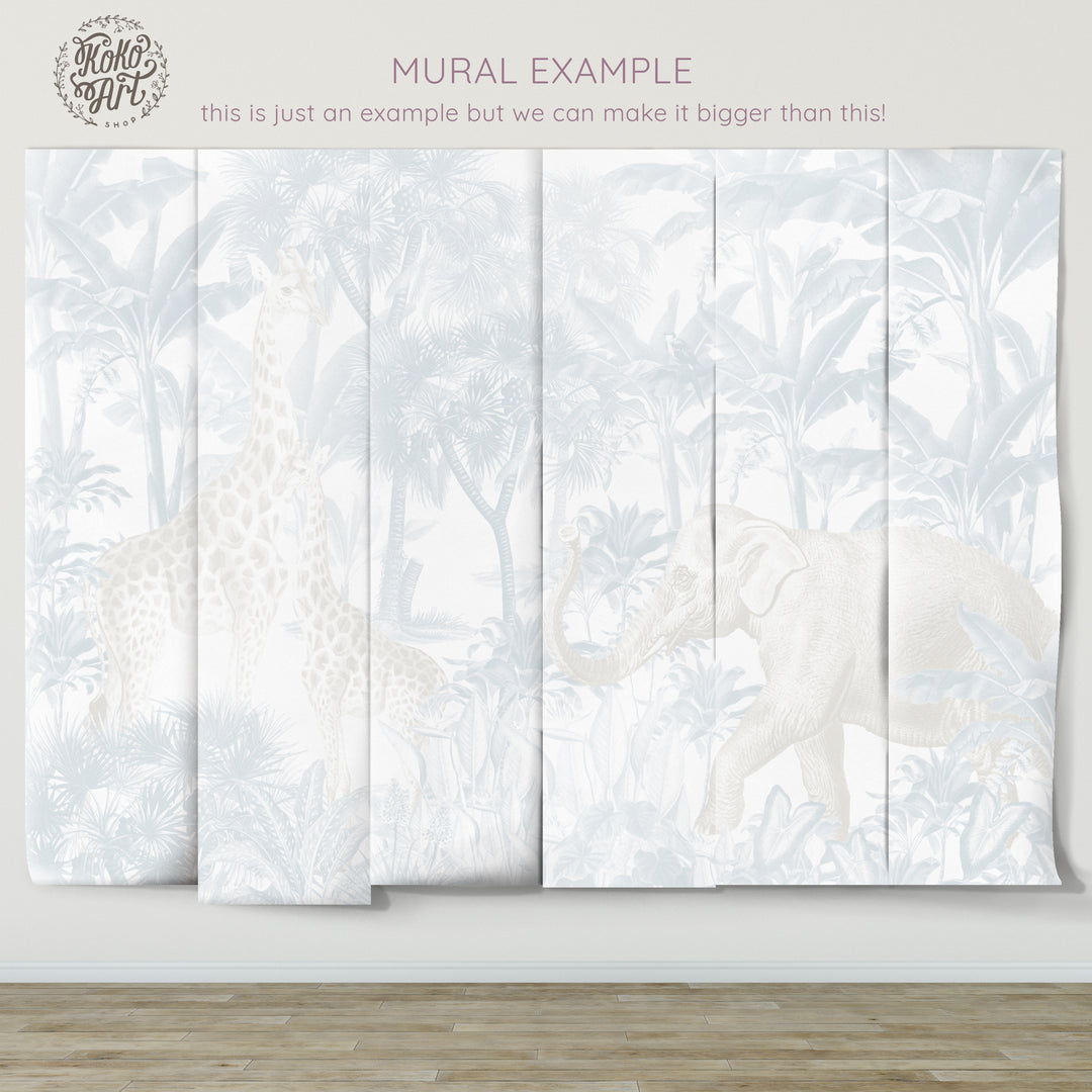 Antique African Jungle Mural in Light Blue and Cream