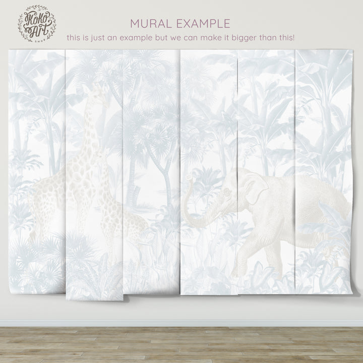 Antique African Jungle Mural in Light Blue and Cream