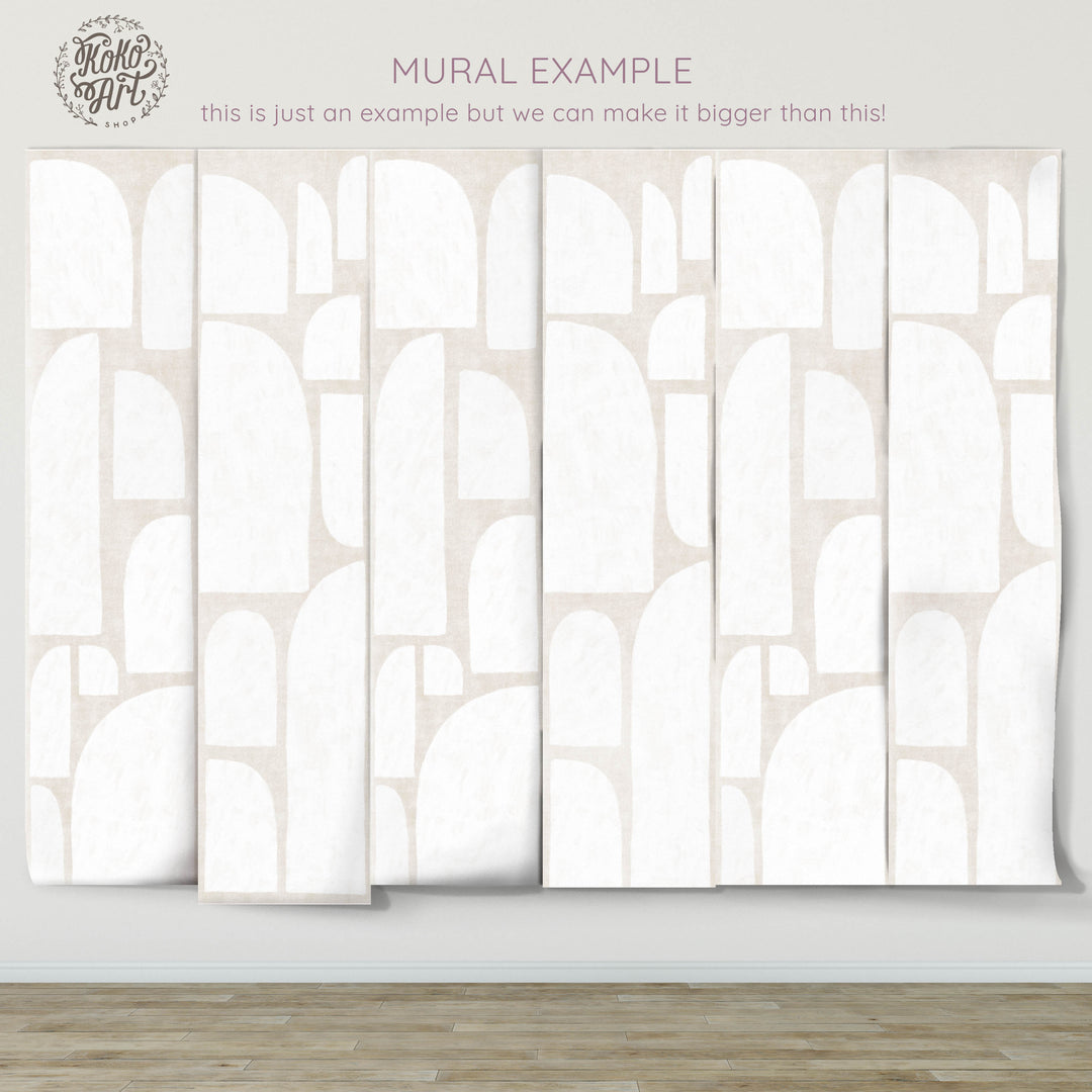Abstract Geometric Oil Paint Semi Arch Shapes in Neutral and White Mural