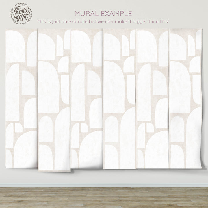 Abstract Geometric Oil Paint Semi Arch Shapes in Neutral and White Mural