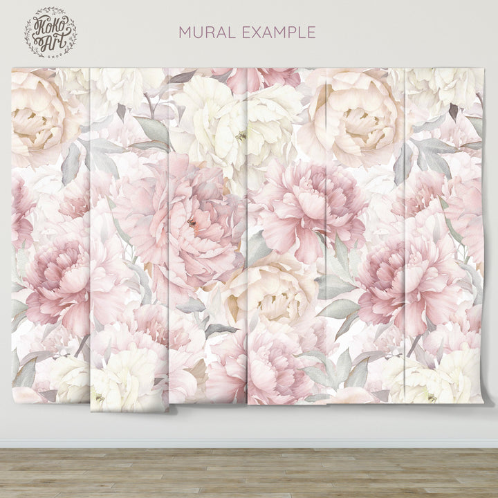 Muted Blush Watercolor Peony Garden Mural | Large Scale Floral Girl Nursery Wallpaper