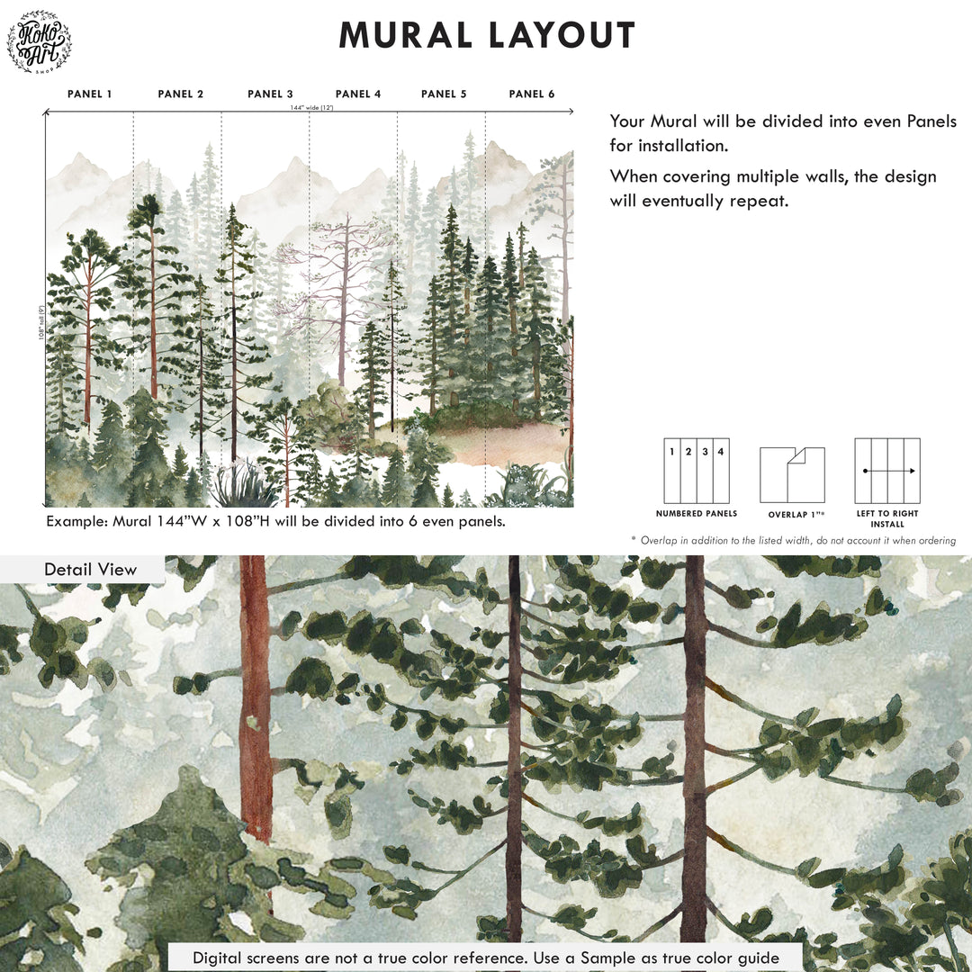 Foggy Pine Tree Forest Mural