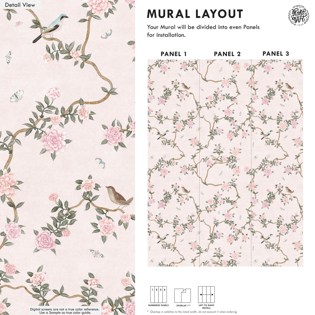 L’Atelier Botanique Chinoiserie Revival Wallpaper Mural in Pink Blush