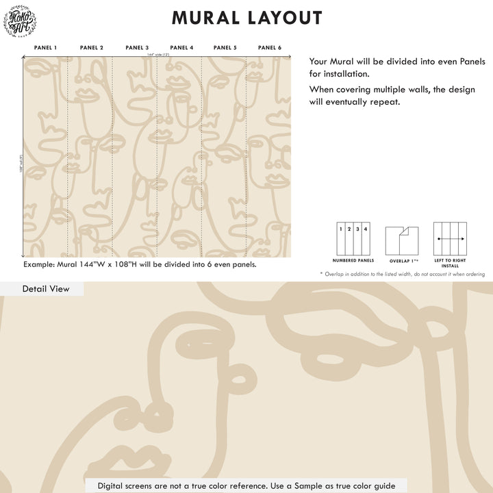 Faces Art Line Drawing in Cream Wallpaper Mural