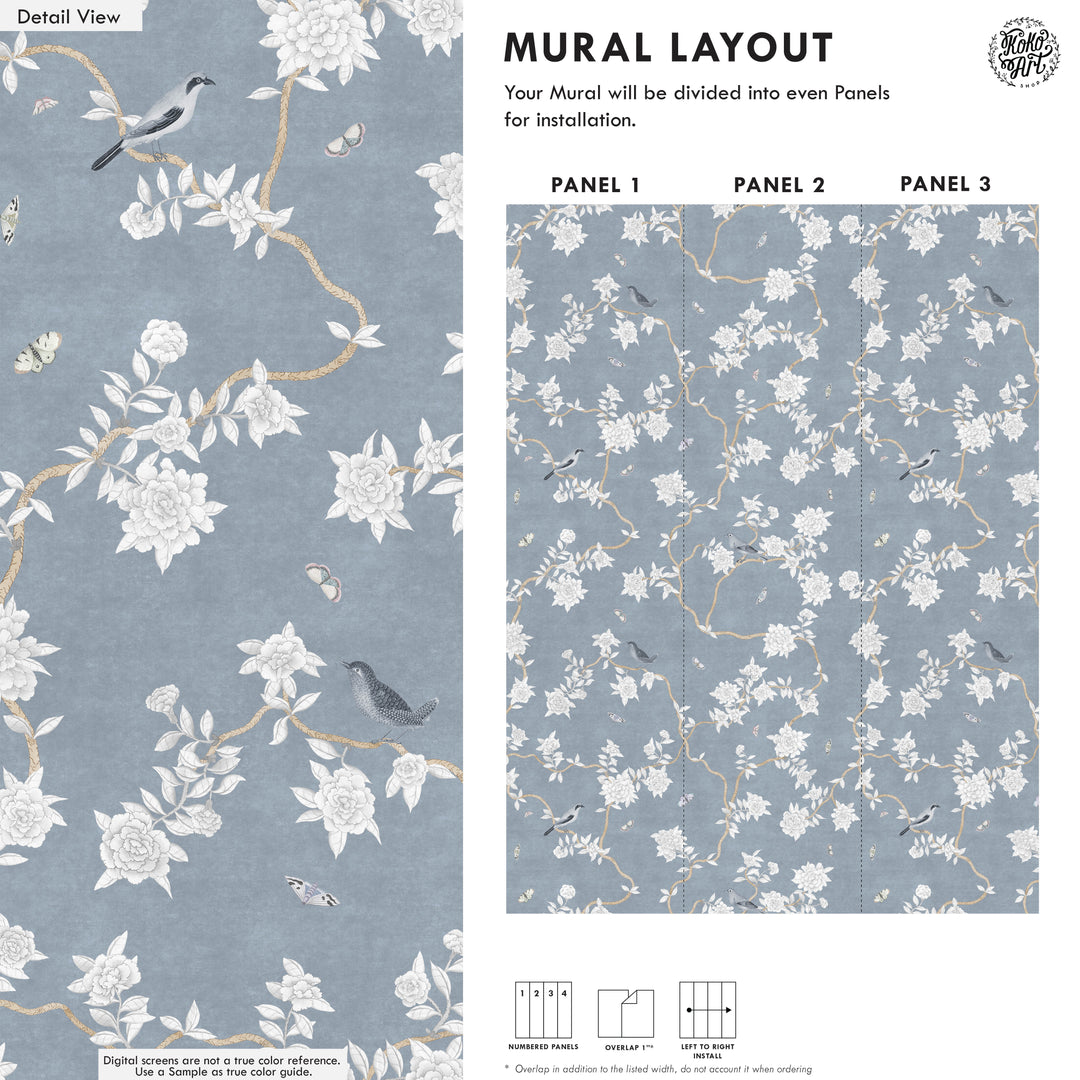 L’Atelier Botanique Chinoiserie Revival Wallpaper Mural in Denim Blue