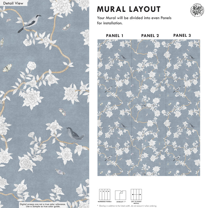 L’Atelier Botanique Chinoiserie Revival Wallpaper Mural in Denim Blue