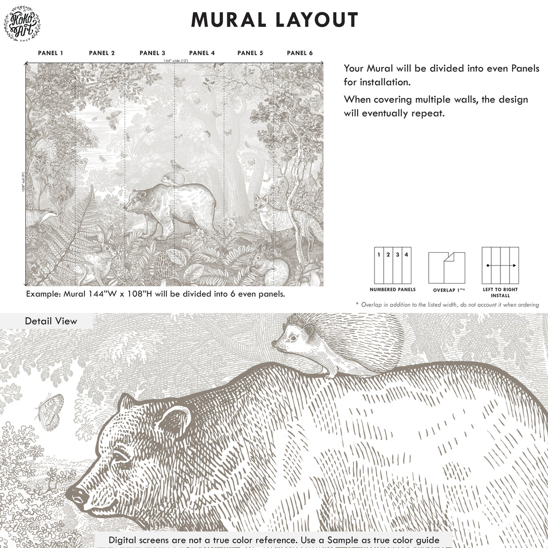 Bear and Friends Forest Mural in Taupe