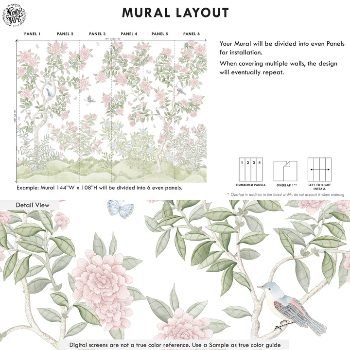 Mural Le Tariche Chinoiserie en neutro y rosa