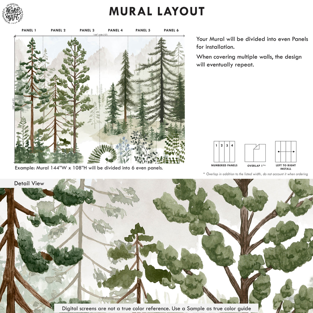 Mural de bosque de pinos brumosos