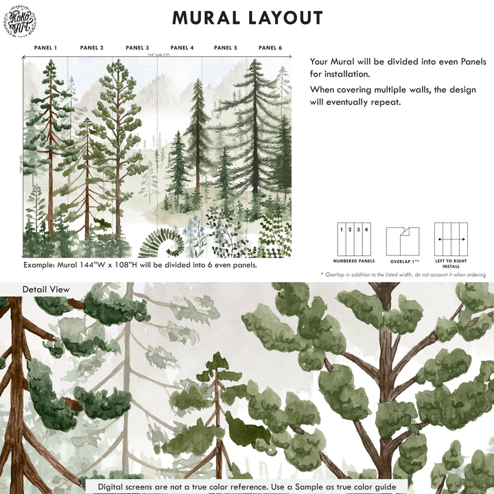 Mural de bosque de pinos brumosos
