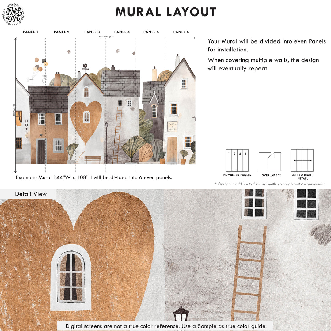Mural layout with houses and a heart-shaped door design, showing panel division and detail view.