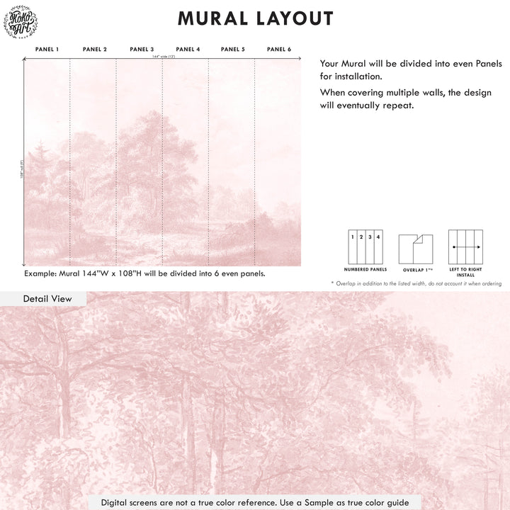 Mural de paisaje clásico de bosque antiguo rosa