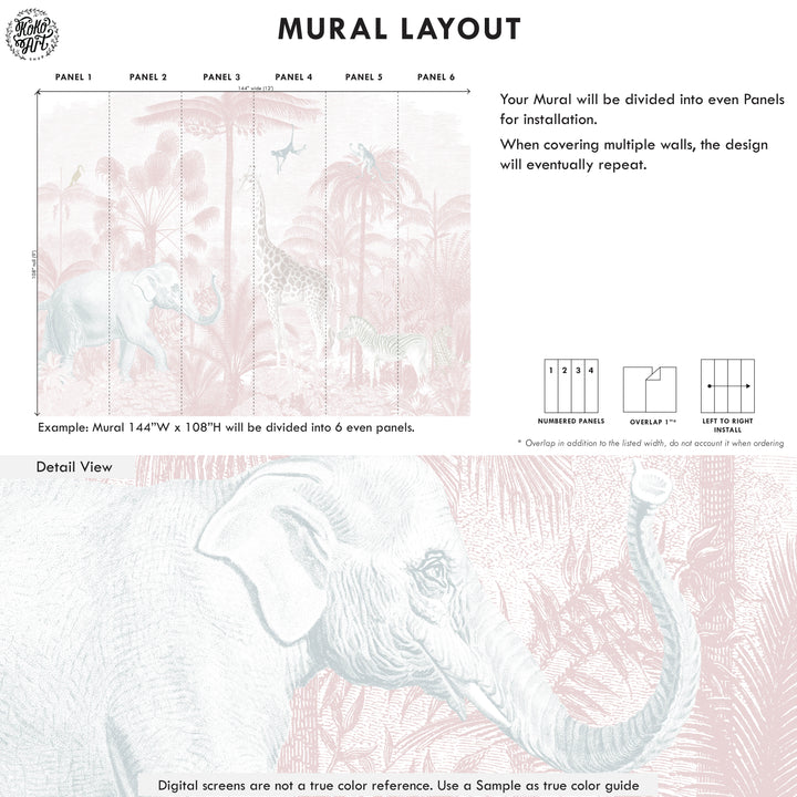 Safari Jungle Mural Wallpaper in Pink