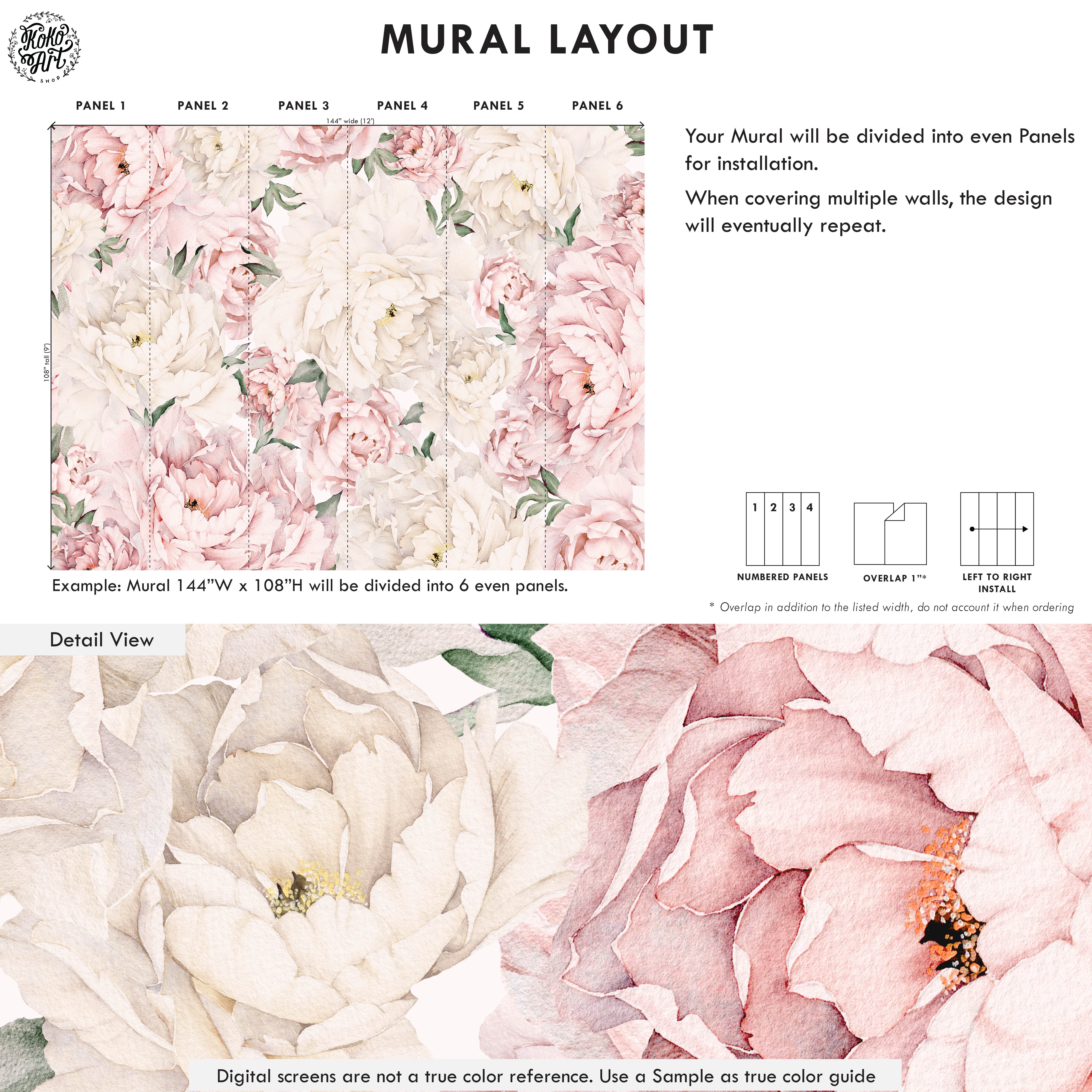 Gorgeous Peony Mural | Peel and Stick Wallpaper – Koko Art Shop
