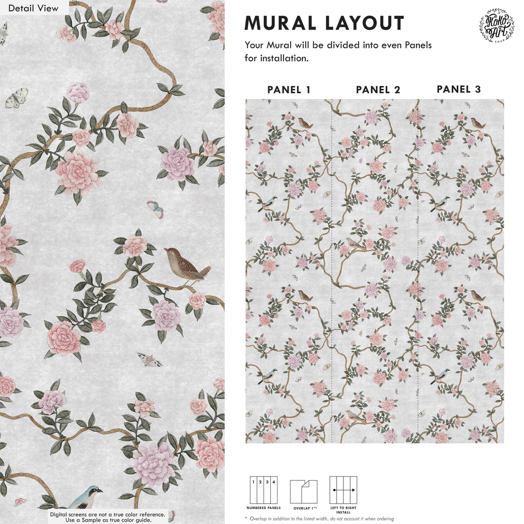 L’Atelier Botanique Chinoiserie Revival Wallpaper Mural in Gray Fog