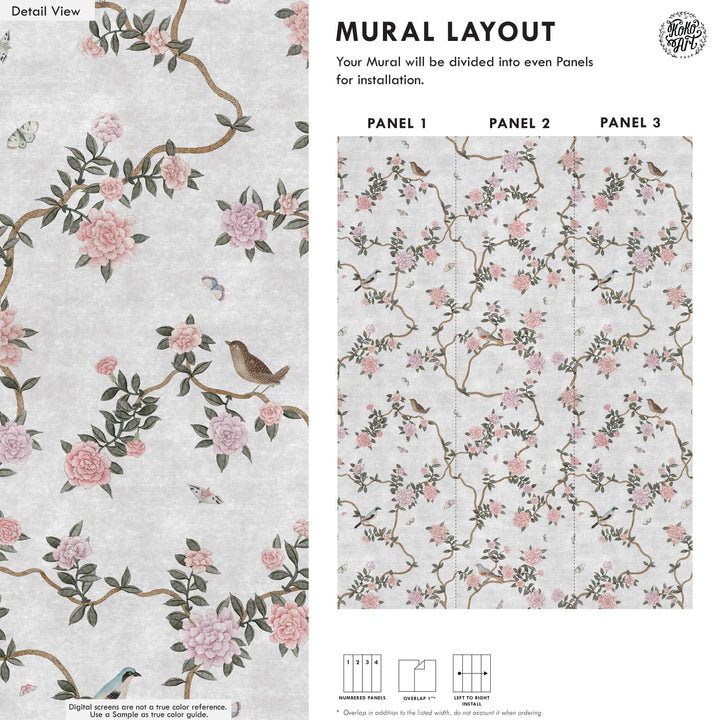 L’Atelier Botanique Chinoiserie Revival Wallpaper Mural in Gray Fog