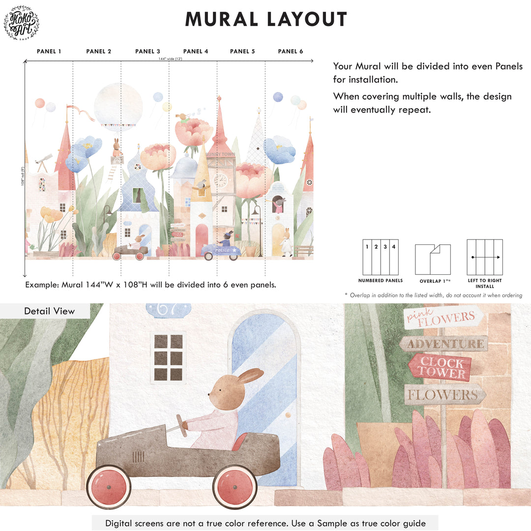 Fantasy Animal Town with Flowers Mural Wallpaper