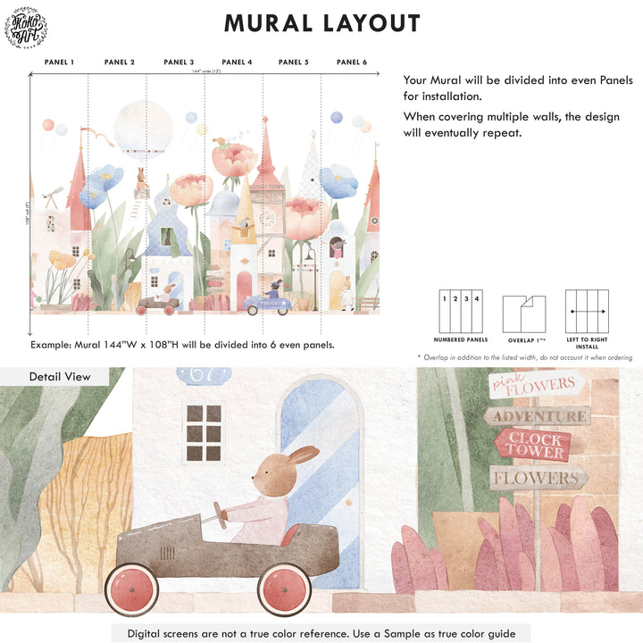 Fantasy Animal Town with Flowers Mural Wallpaper