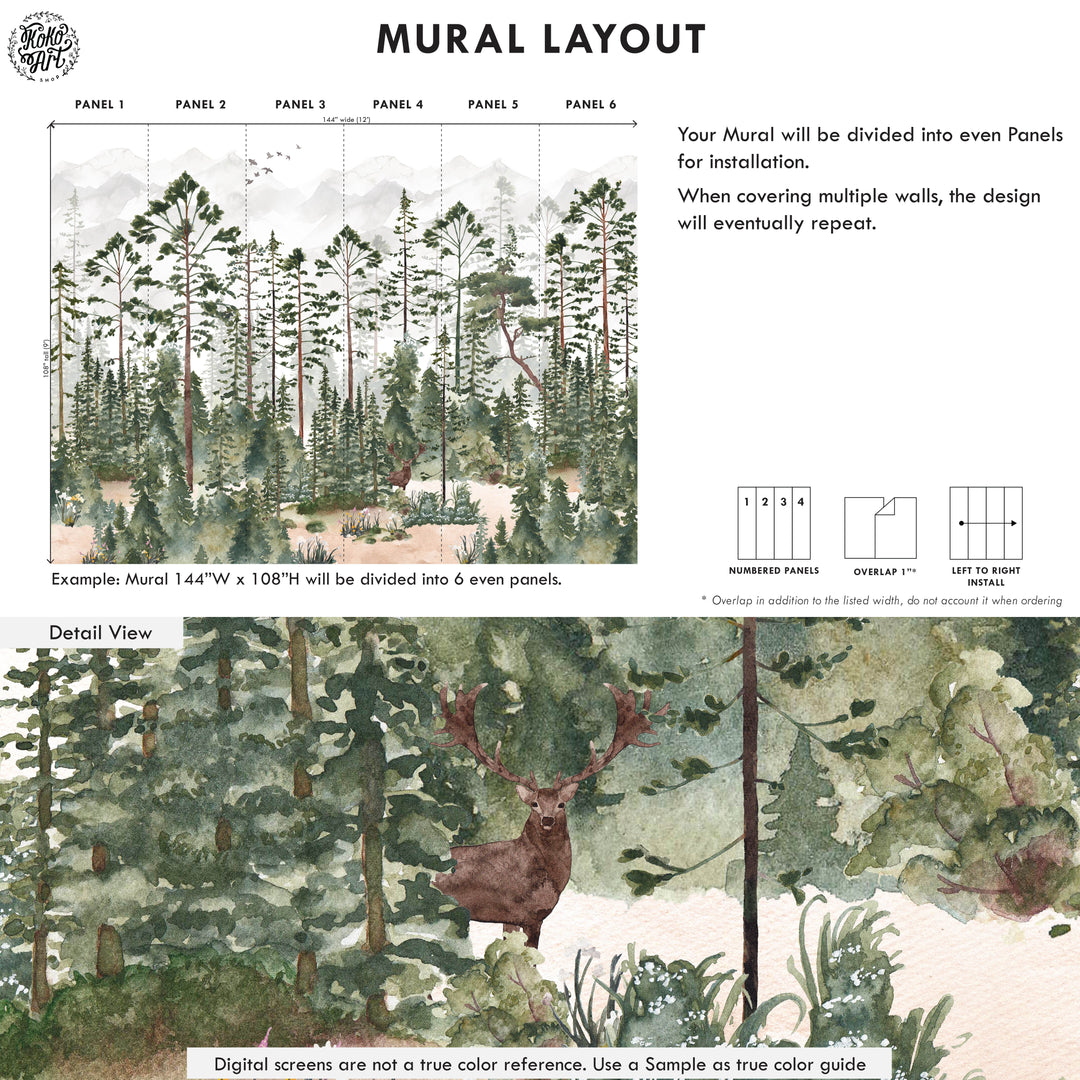 Mural de bosque de pinos brumosos