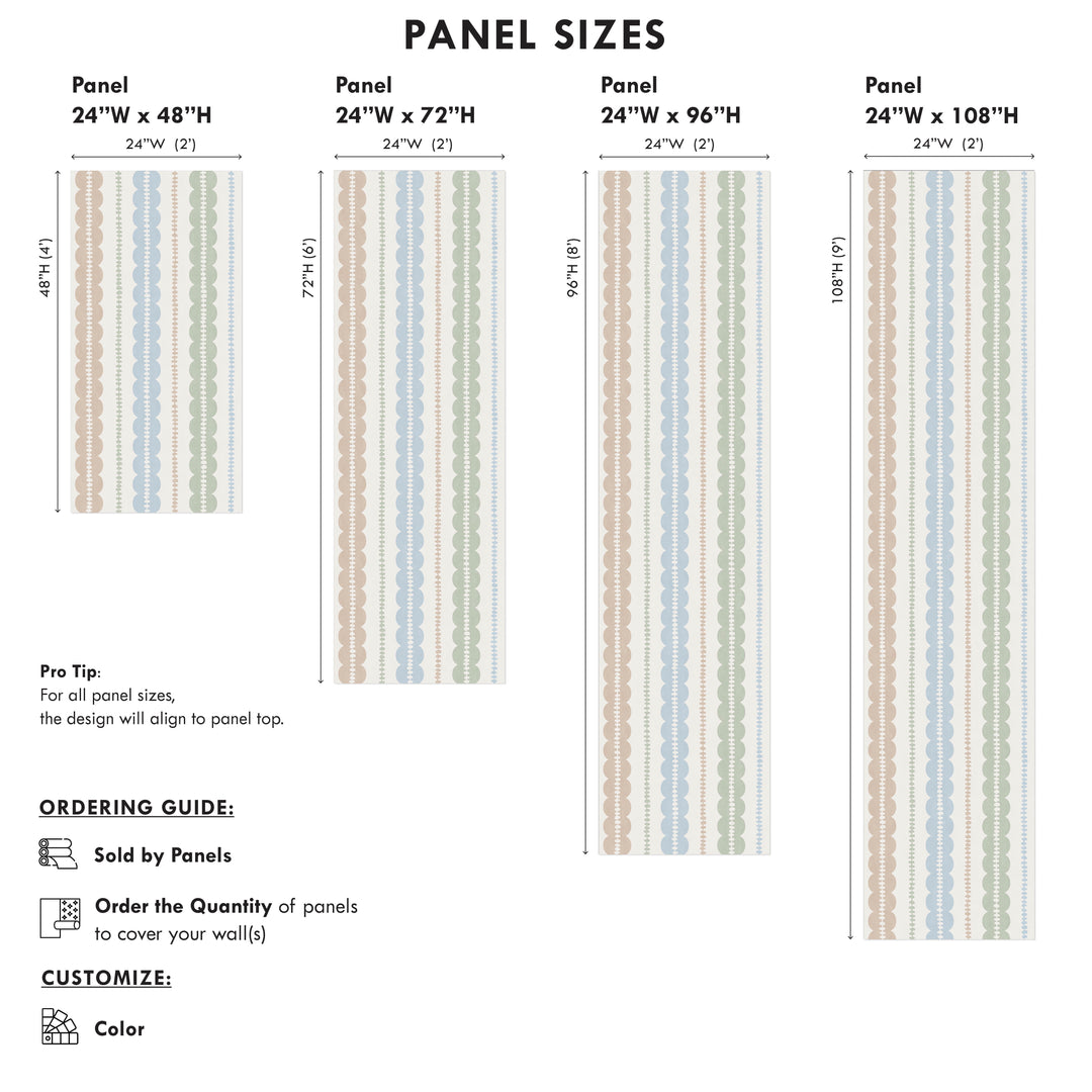 Pebble Column Stripe and Ribbon Wallpaper - Nude, Blue, Sage on Cream