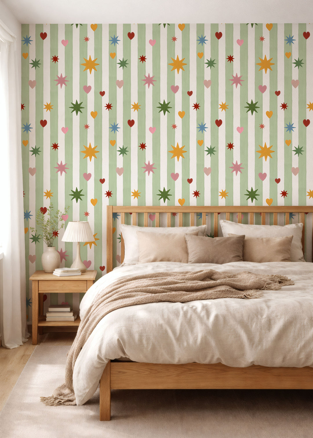 Green Stripes Hearts Stars Wallpaper