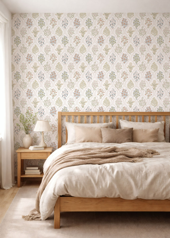 Cottage Arched Scalloped Botanical Wallpaper - Light