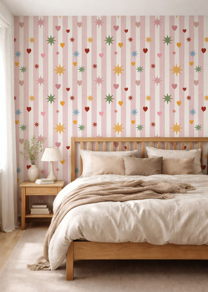 Pink Stripes Hearts Stars Wallpaper