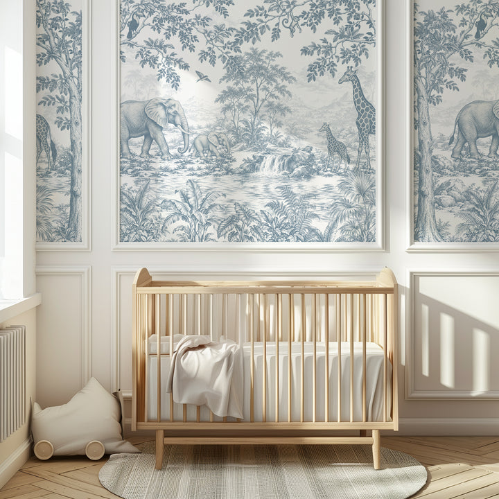 Vintage Toile Safari Wallpaper Mural in Antique Blue