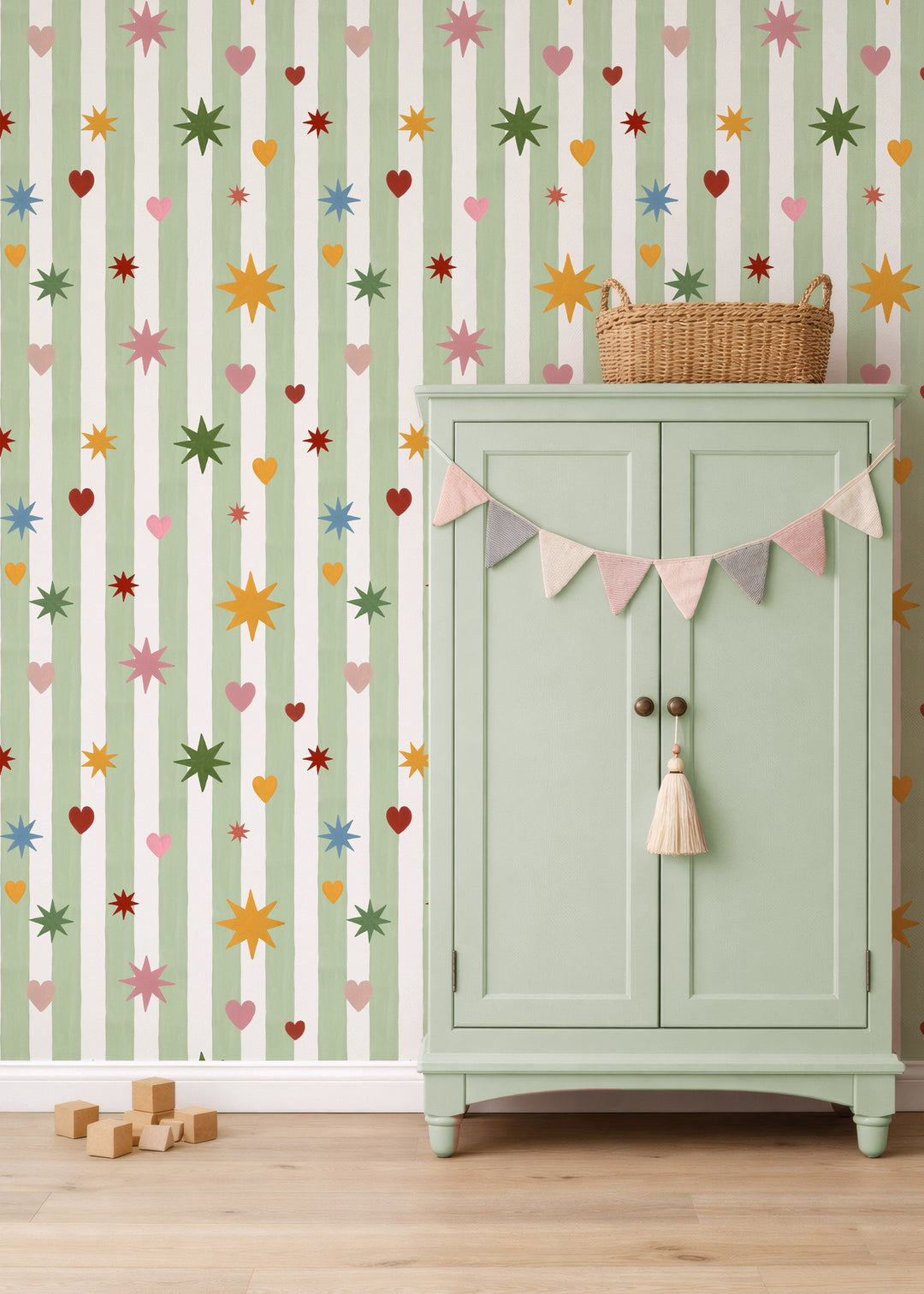 Green Stripes Hearts Stars Wallpaper