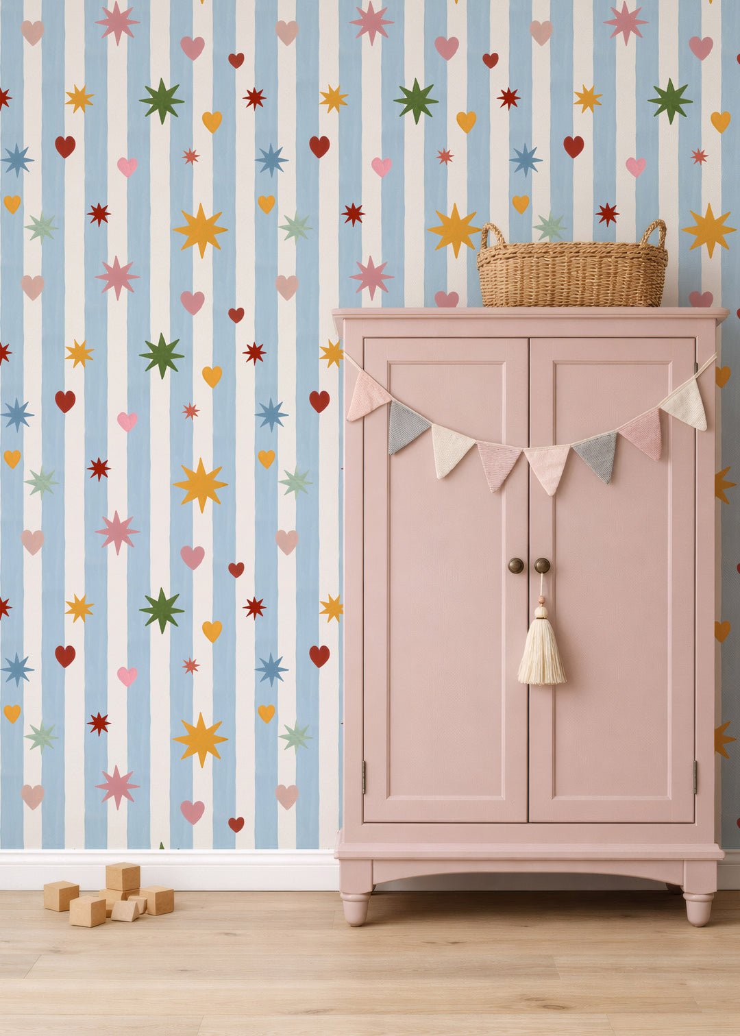 Blue Stripes Hearts Stars Wallpaper