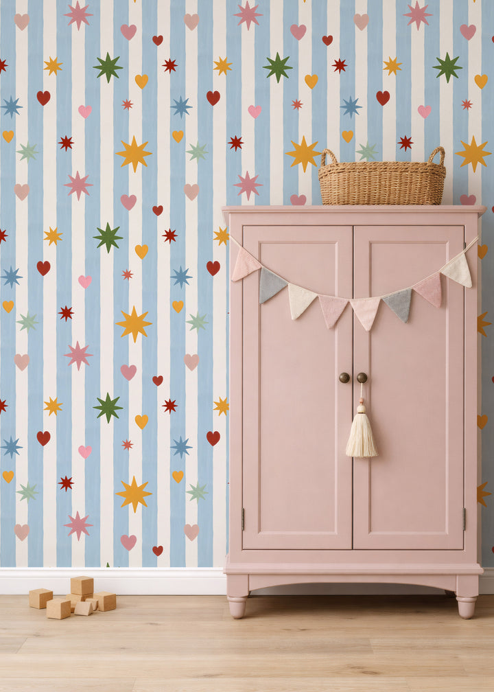 Blue Stripes Hearts Stars Wallpaper